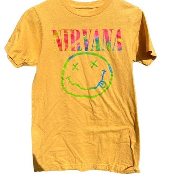 Nirvana Rainbow Smiley Face Yellow Shirt Womens Size Medium - Picture 1 of 3